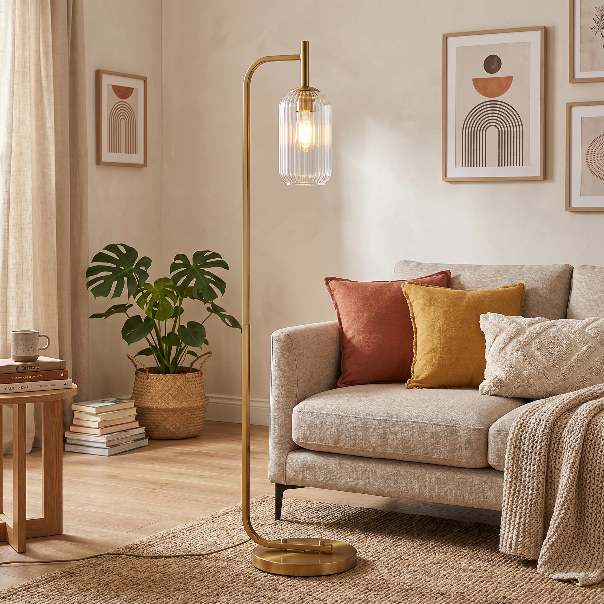 "Dune" Gold Floor Lamp with Ribbed Glass Shade
