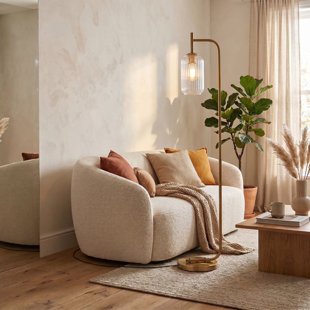 "Dune" Gold Floor Lamp with Ribbed Glass Shade