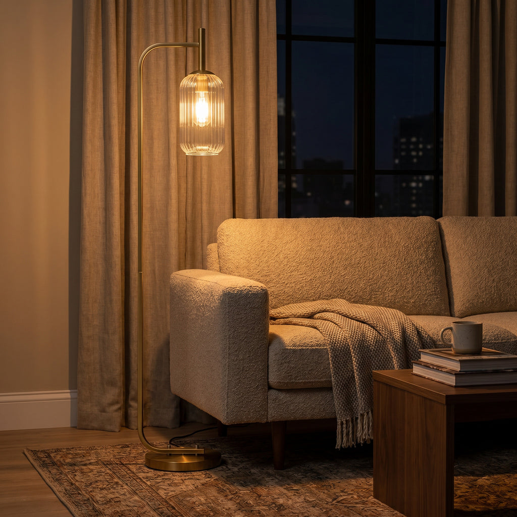 "Dune" Gold Floor Lamp with Ribbed Glass Shade